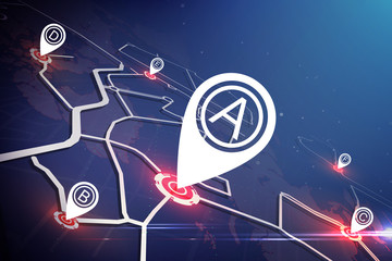 Technology map concept.  Location marker on map around the world.