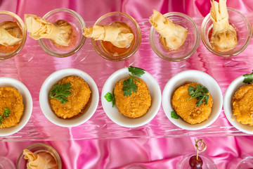 Collection of delicious dessert for party or wedding, gastronomy, event organization concept.