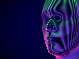 Virtual reality or cyberspace concept: wireframe of male face. Digital human or robot head - abstract visualization of artificial intelligence and future technology. EPS 10, vector illustration.