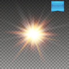 Transparent background. Vector illustration of realistic glowing sun, star burst.
