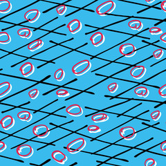 Seamless pattern of stylized black sticks and red hand-drawn circles with white shadow on a blue background.