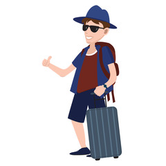 Happy tourist man with blue suitcase. The tourist man standing in front view wearing summer clothes and blue cap and holds a blue suitcase. Vector illustration