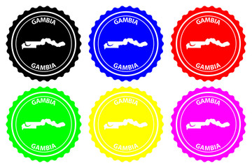 The Gambia - rubber stamp - vector, Republic of the Gambia map pattern - sticker - black, blue, green, yellow, purple and red