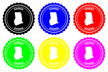 Ghana - rubber stamp - vector, Republic of Ghana map pattern - sticker - black, blue, green, yellow, purple and red