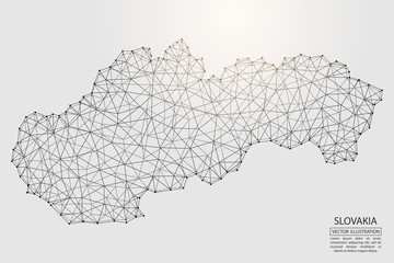 A map of Slovakia consisting of 3D triangles, lines, points, and connections. Vector illustration of the EPS 10.