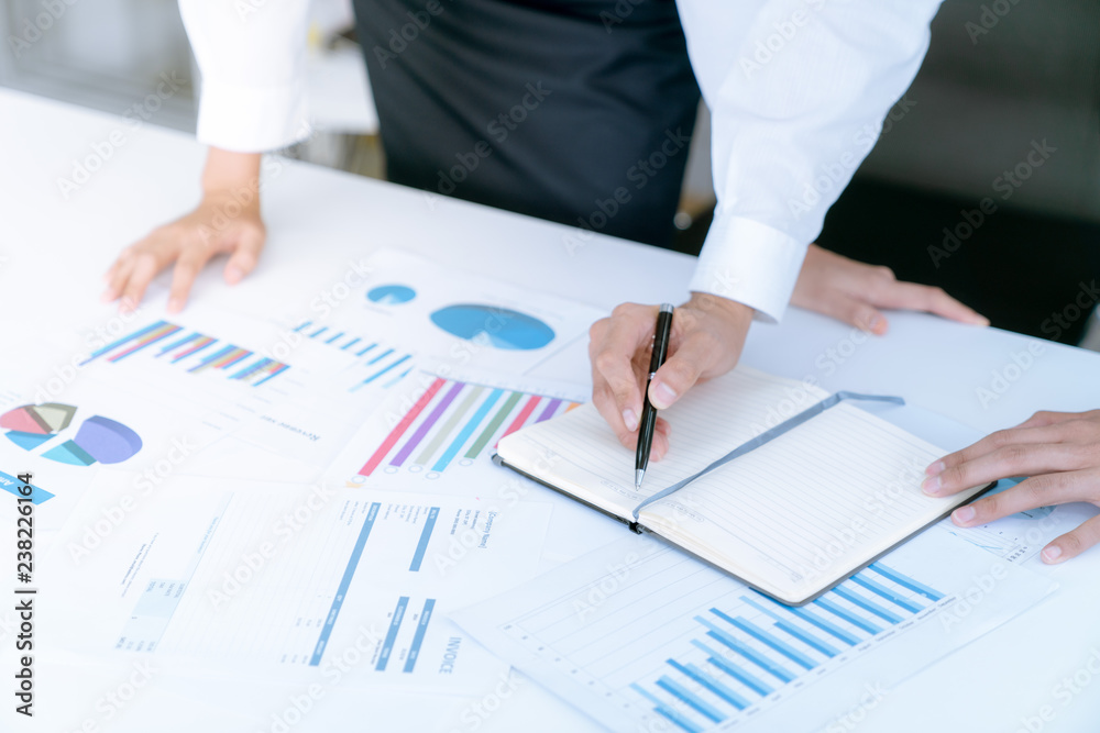 Poster The accountant checking documents about graph and chart relating to financial reporting and tax accounting of the company