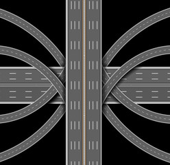 Car highway. Ring road, orbital road, beltline, beltway, loop on black background. The denouement of the many roads. Top view. 