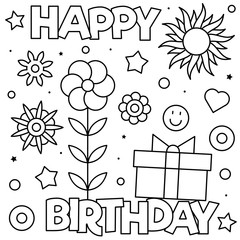 Happy Birthday. Coloring page. Black and white vector illustration.