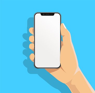 Hand holding black bazelless smartphone and finger touch, click on blank white screen on blue background with shadow. Human, Man, Woman using mobile phone, Vector flat cartoon design concept.