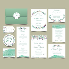 Fototapeta na wymiar Green Leaf Wedding Invitation Set