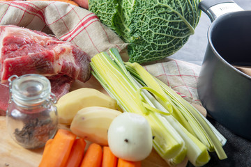 meat and vegetables for preparation of french pot au feu