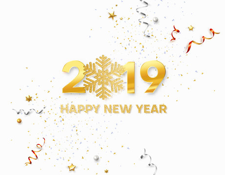 Happy New Year 2019 card or poster with golden snowflake and confetti.