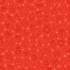 Red seamless background with winter elements in doodle style. Vector hand drawn illustration