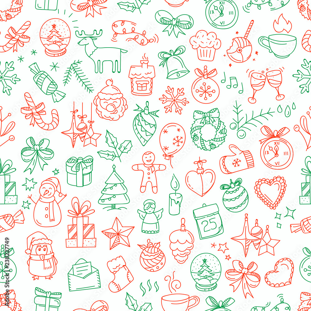 Poster seamless pattern with winter elements in doodle style. vector hand-drawn illustration