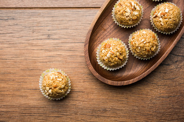 Oats laddu or Ladoo also known as Protein Energy balls. served in a plate or bowl. selective focus