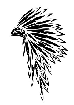 native american tribal chief traditional feathered headdress black and white vector outline design