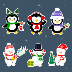 New Year and Christmas card. Set stickers of three penguins and three snowmen characters in different hats and poses in winter. Christmas tree, gifts, confetti. Cartoon style, vector
