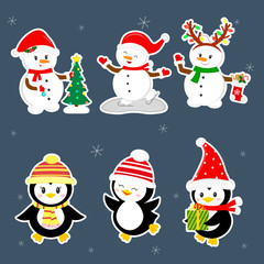 New Year and Christmas card. A set stickers of three penguins and three snowmen characters in different hats and poses in winter. Christmas tree, gifts, skate. Cartoon style, vector