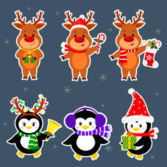New Year and Christmas card. A set stickers of three penguins and three deer characters in different hats and poses in winter. Box with a gift, candy, sock, bell. Cartoon style, vector