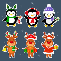 New Year and Christmas card. A set stickers of three penguins and three deer characters in different hats and poses in winter. Box with a gift, candy, sock, bell. Cartoon style, vector