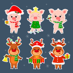 Obraz premium New Year and Christmas card. A set sticker of three deer and three pig characters in different hats and suits in winter. Gift box, candy, new year tree, bell. Cartoon style, vector