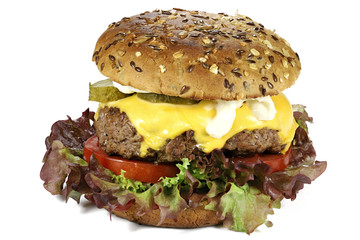 homemade cheeseburger isolated on white background