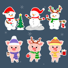 New Year and Christmas card. A set sticker of three snowmen and three pigs is typical in different hats and poses in winter. Christmas tree, sock with cookies, hot drinks. Cartoon style, vector