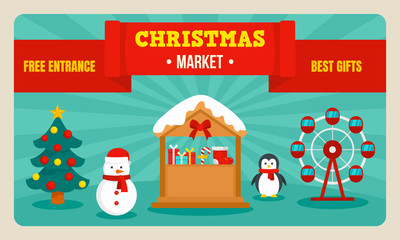 Christmas market banner. Flat illustration of Christmas market vector banner for web design