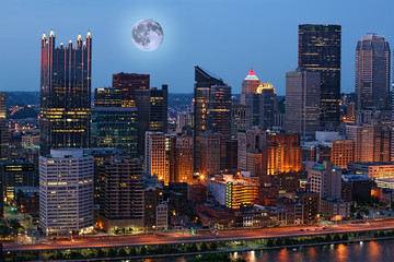 Moon rising above Pittsburgh, Pennsylvania