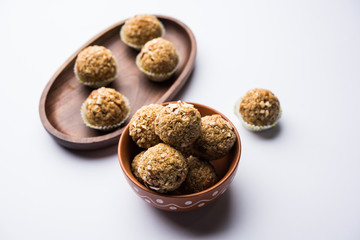 Oats laddu or Ladoo also known as Protein Energy balls. served in a plate or bowl. selective focus