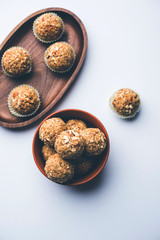Oats laddu or Ladoo also known as Protein Energy balls. served in a plate or bowl. selective focus