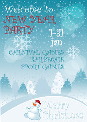Winter Holiday party invitation template. Winter country landscape illustration. Cartoon snowman. Winter festival flyer