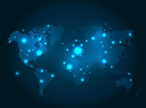 Illuminated World Map with Glowing Dots Vector