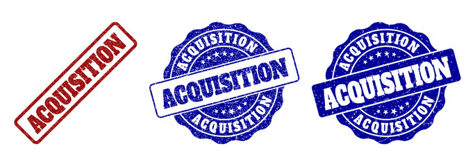 ACQUISITION grunge stamp seals in red and blue colors. Vector ACQUISITION signs with grunge style. Graphic elements are rounded rectangles, rosettes, circles and text tags.