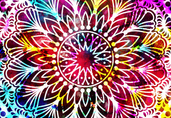 Abstract mandala graphic design and watercolor digital art painting for ancient geometric concept background