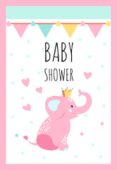 Vector Illustration. Cute character with hand lettering for baby shower. Funny elephant and hearts around. Poster for the kid's birthday with text.