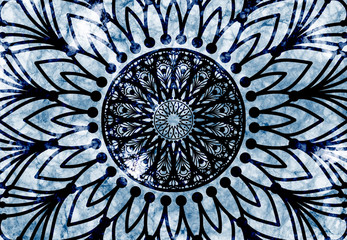 Abstract mandala graphic design and watercolor digital art painting for ancient geometric concept background
