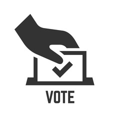 Vector vote icon with voter hand insert paper in ballot box. Democracy election poll silhouette symbol.