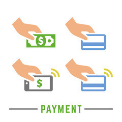 Vector payment color icon set, hand with cash money, card and smartphone for bank or online pay simple business pictogram.