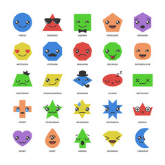 Big set vector basic shape with kawaii emojis. Cartoon emotion character on a geometry figures circle, triangle, square, oval, plus, rectangle, nonagon, heptagon, crescent with face expression.