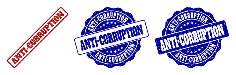 Fototapeta premium ANTI-CORRUPTION grunge stamp seals in red and blue colors. Vector ANTI-CORRUPTION marks with grunge style. Graphic elements are rounded rectangles, rosettes, circles and text titles.