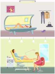 Tanning in Salon and Pedicure Service Set Vector