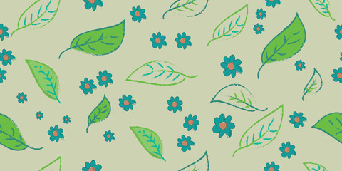 Seamless pattern with leaves and flowers on a light greenish background