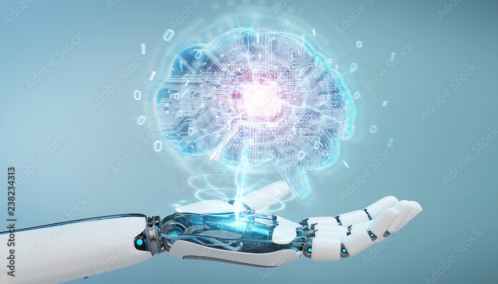 Aufkleber robot creating artificial intelligence in a digital brain 3d rendering
