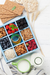 Healthy breakfast set with muesli, berries and milk