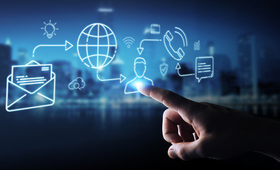 Businessman using thin line social network icons interface