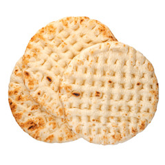 top view of whole greek pita isolated on white background