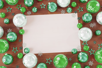 Christmas card mockup with green baubles 3D rendering