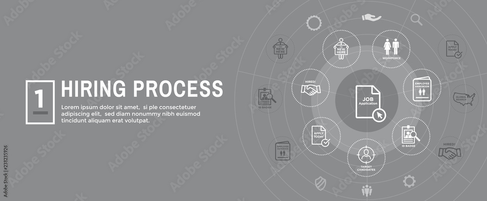 Wall mural new employee hiring process icon set and web header banner