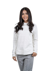 Portrait Asian woman wearing the sweater on white background, isolate include clipping path, fashion and lifestyle concept